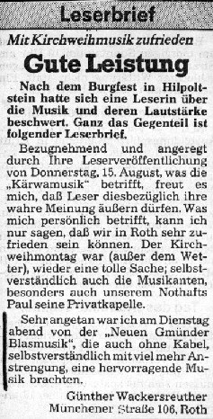Leserbrief zur Kirchweih in Roth 2003